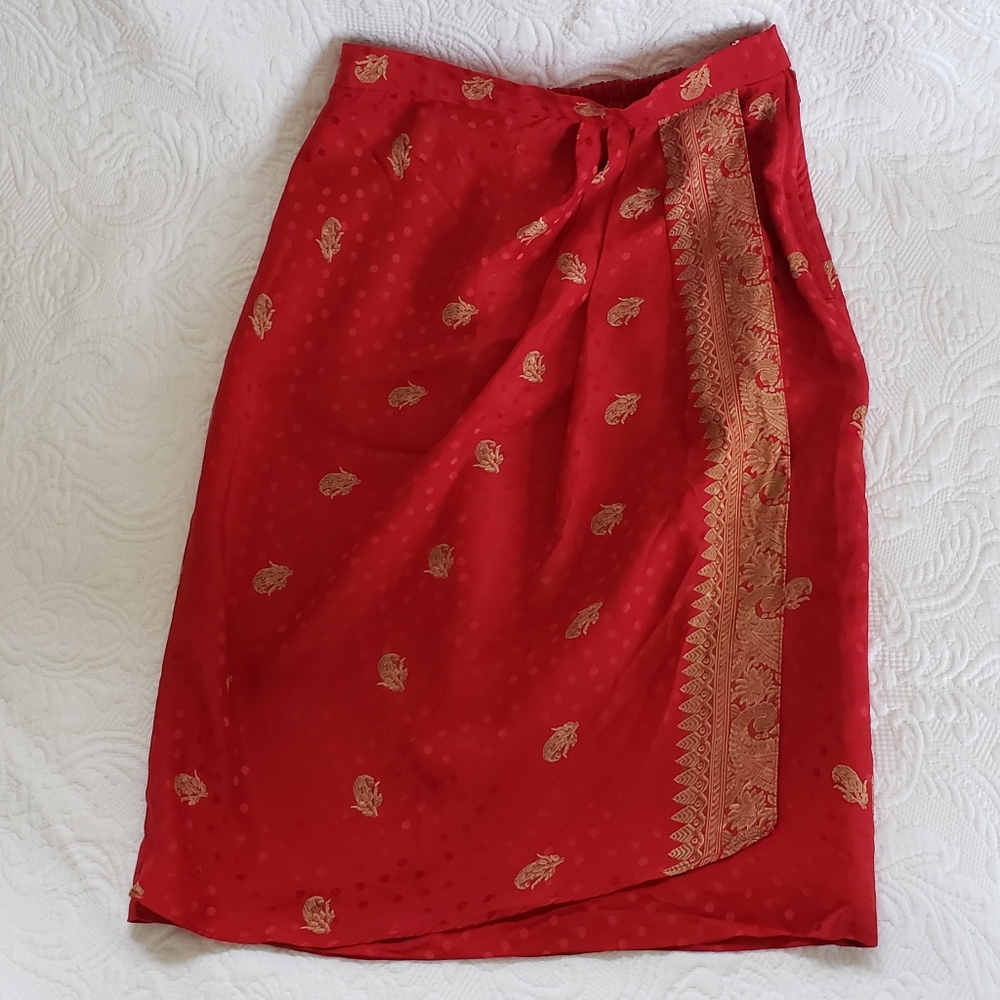 100% Silk Skirt by Julie Francis Red W/ Gold Print